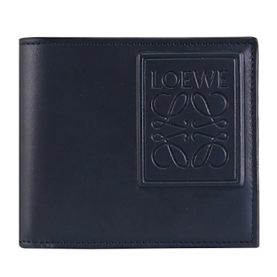 LOEWE ANAGRAM 烙印LOGO牛皮對開式八卡短夾(深藍)