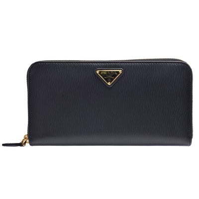 PRADA 普拉達 VITELLO系列金色浮雕LOGO直紋牛皮拉鍊長夾(黑)