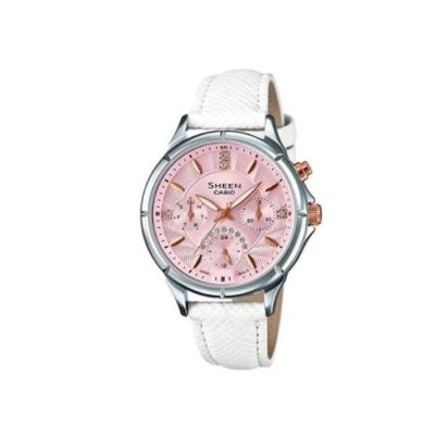 CASIO SHEEN 簡約典雅的水晶風采時尚優質皮革腕錶--SHE-3047L-4B