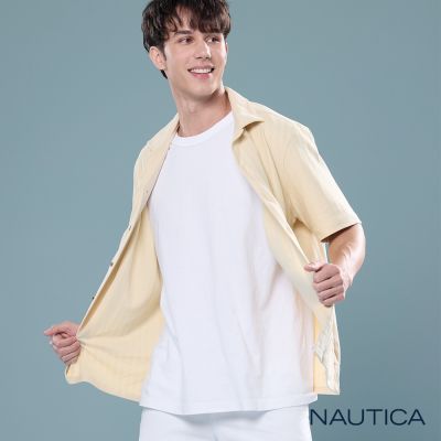 Nautica 男裝 古巴領短袖條紋襯衫-米色