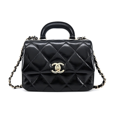 CHANEL香奈兒 CHANEL 新款24C經典LOGO菱格紋小羊皮迷你翻蓋手提/斜背包(黑色)