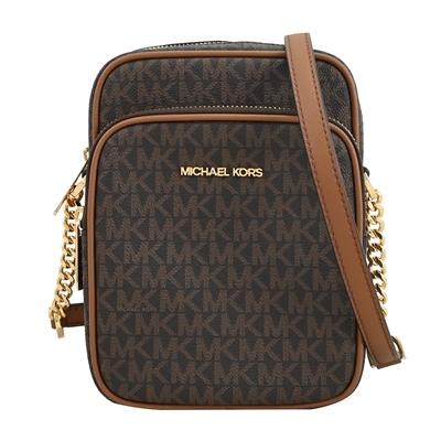 MICHAEL KORS Jet Set Travel 經典印花皮革前口袋拉鍊斜背包(深咖)
