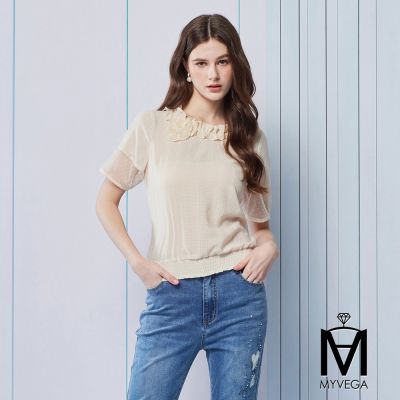 MYVEGA麥雪爾 MA荷葉邊娃娃領肌理面料上衣-杏色