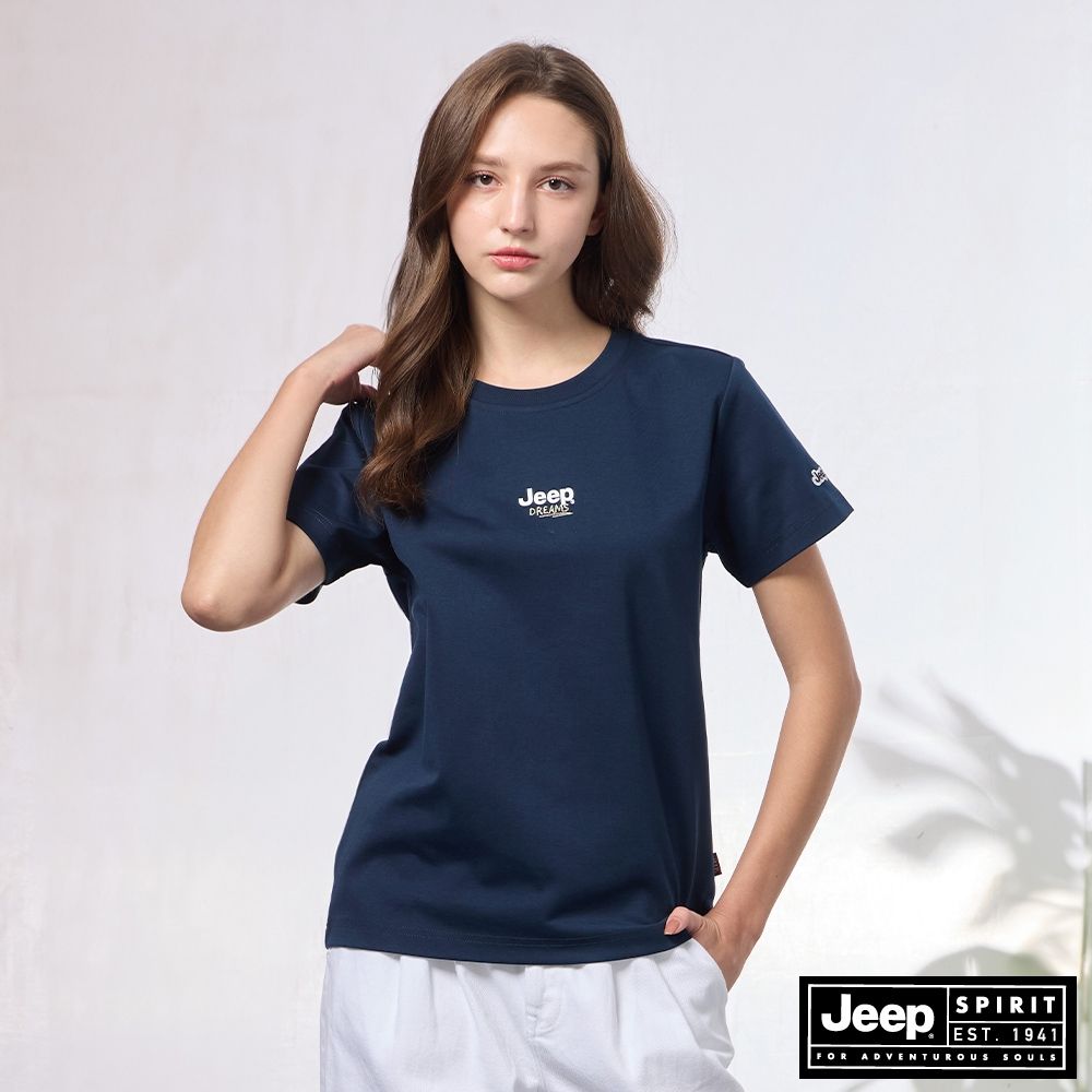 JEEP 女裝 簡約LOGO涼感印花短袖T恤-海軍藍色