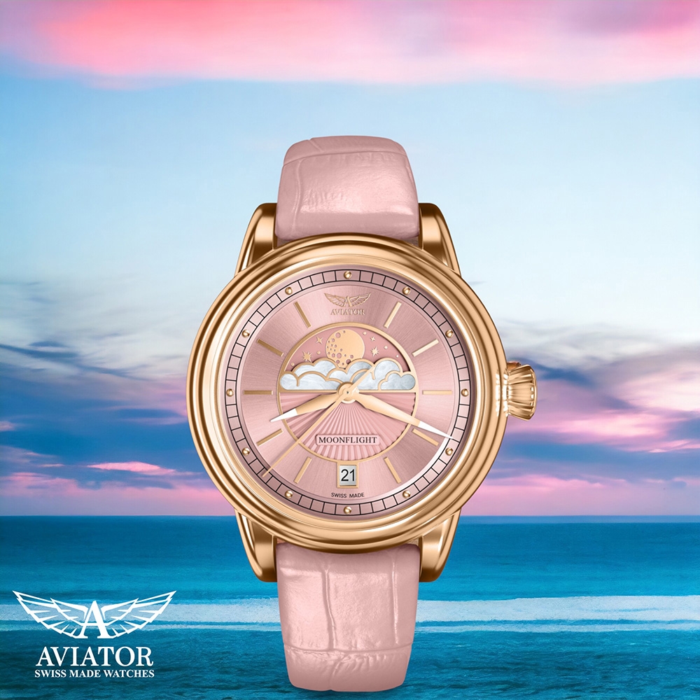 AVIATOR 飛行員 DOUGLAS MOONFLIGHT 月相 時尚腕錶 女錶 -V.1.33.2.258.4