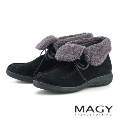 MAGY 泰迪絨毛百搭真皮短靴 黑色