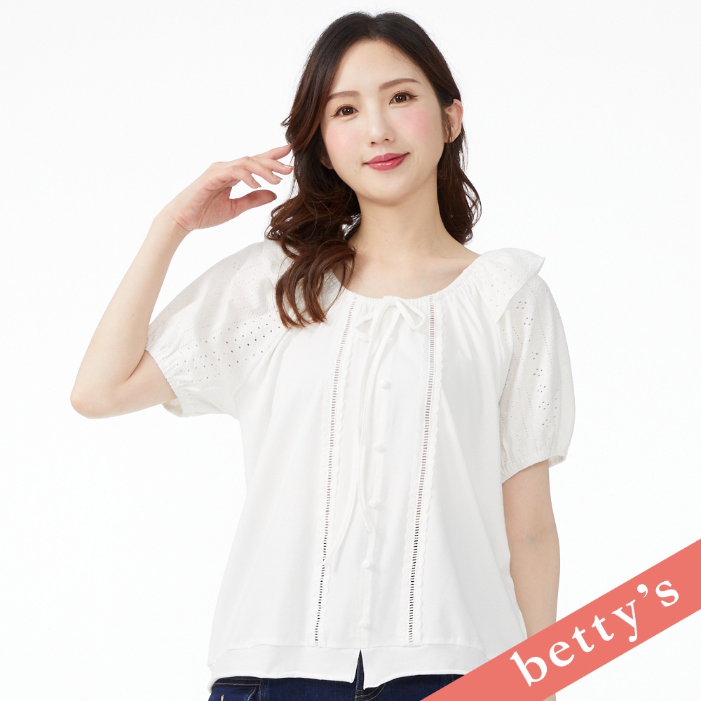 betty’s貝蒂思　鏤空蕾絲蝴蝶結拼接T-shirt(白色) (白色)