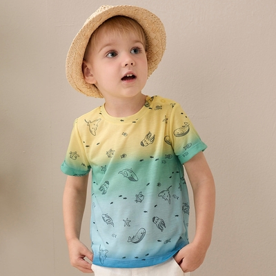 PIPPY 涼爽海洋生物漸層短袖上衣 藍綠-120