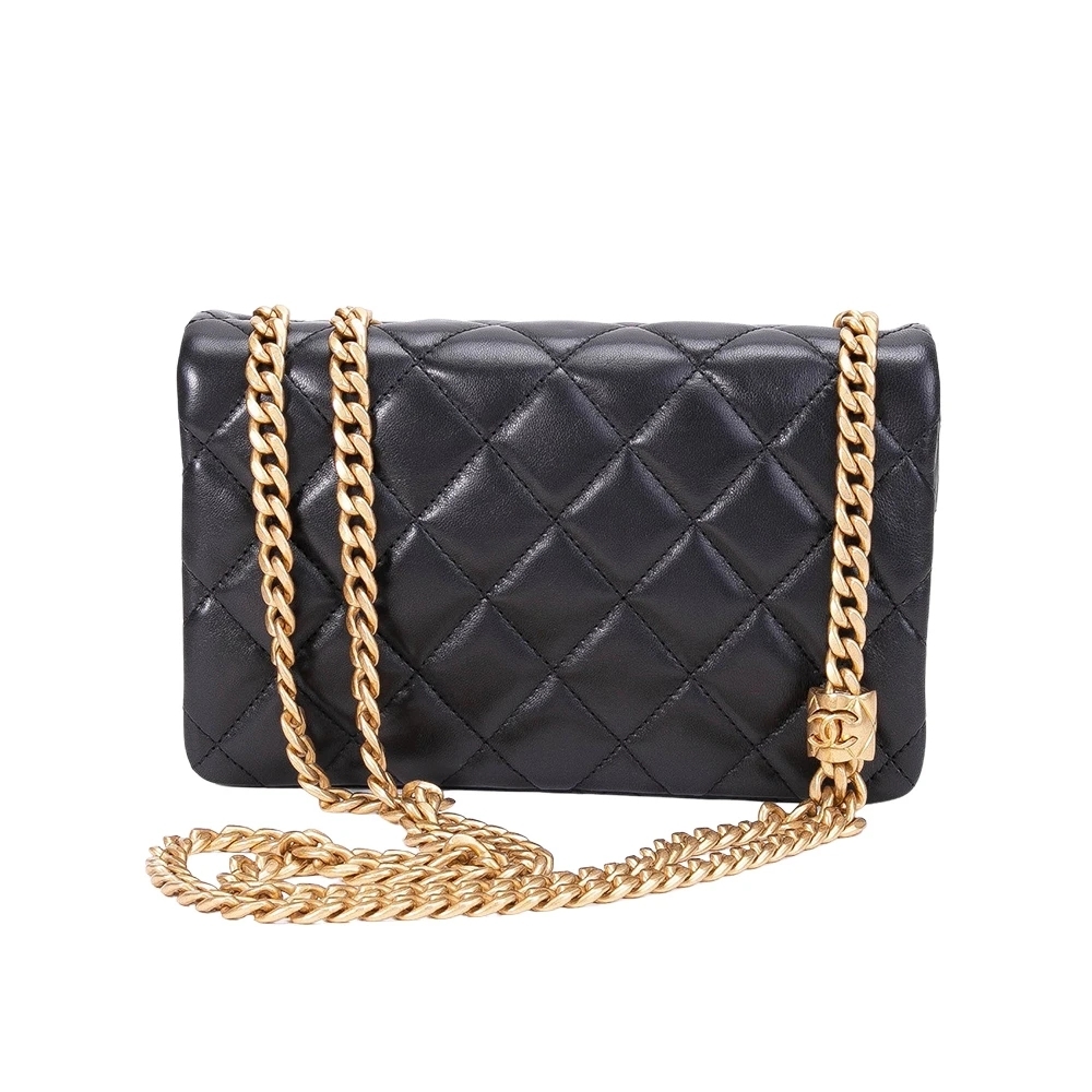 CHANEL AS3393 小羊皮金色金屬菱格菠蘿調節釦鍊帶口蓋包(黑色