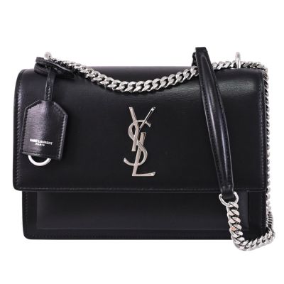 YSL Saint Laurent Sunset 金屬LOGO滑面小牛皮翻蓋式兩用包/鍊包(黑銀)