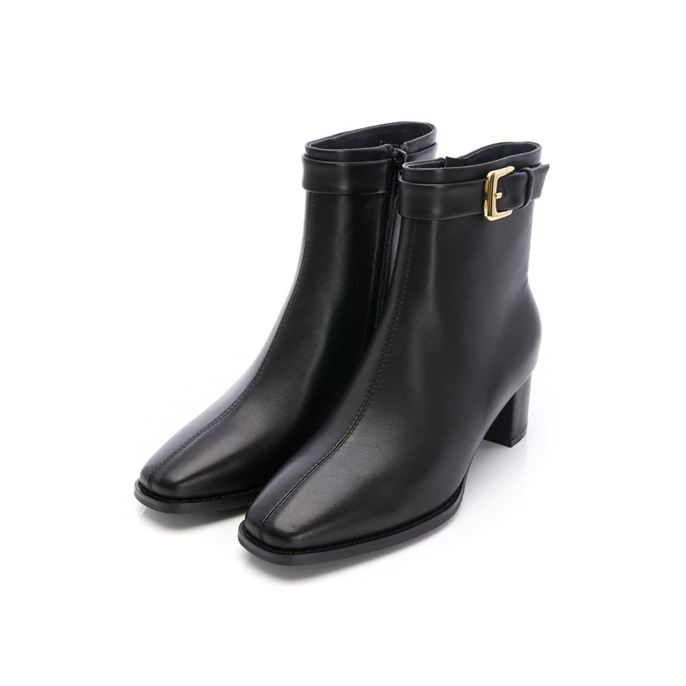 viina簡約方釦羊皮粗跟短靴－黑 (viina)