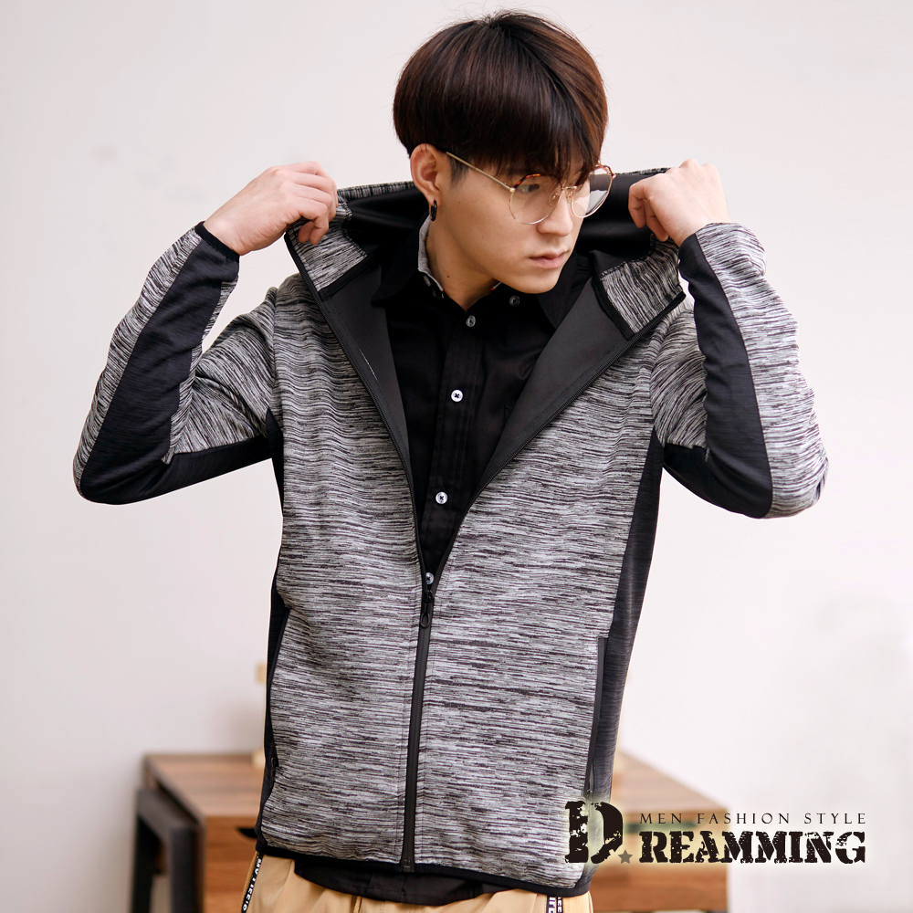 Dreamming 混色拼接彈力連帽運動休閒外套-共二色 (淺灰)