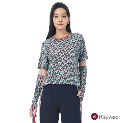 KeyWear奇威名品    字母印花撞色短袖上衣-淺藍色
