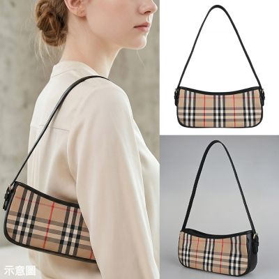 BURBERRY 格紋尼龍拼牛皮飾邊單肩腋下包(米x黑)