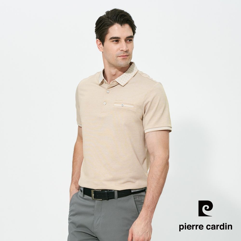 pierre cardin 皮爾卡登 男款 雙色網眼印花短袖polo衫-卡其色(5257257-82)