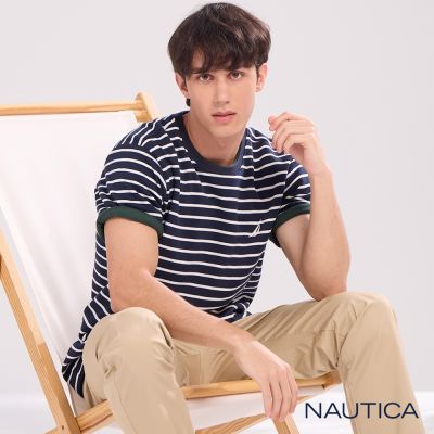Nautica 官方旗艦 男裝 條紋網眼棉質短袖T恤-深藍白色