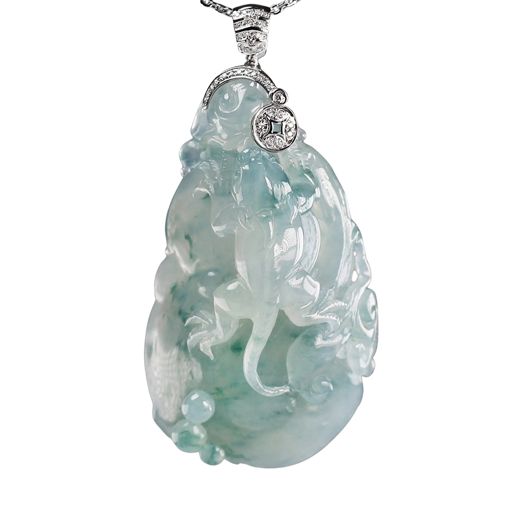 漢石齋】天然A貨冰種藍水飄花翡翠如意瑞獸真鑽白18K金墜頭玉佩吊墜(31