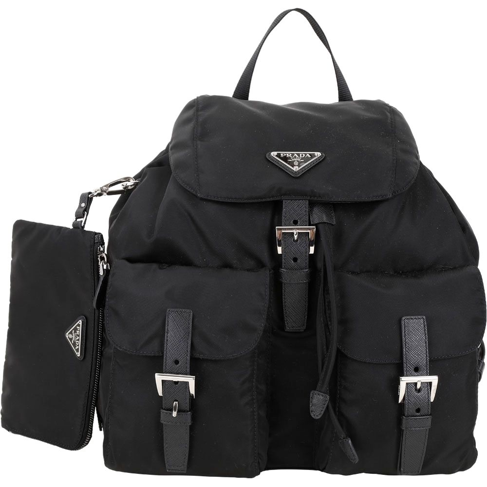 PRADA 普拉達 中款 Re-Nylon 三角牌附萬用包雙口袋尼龍後背包(黑色)