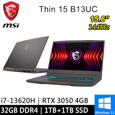 MSI微星 微星 Thin 15 B13UC-1418TW-SP4 15.6吋 灰(i7-13620H/32G/1TB+1TB/RTX3050 4G/W11)特仕版