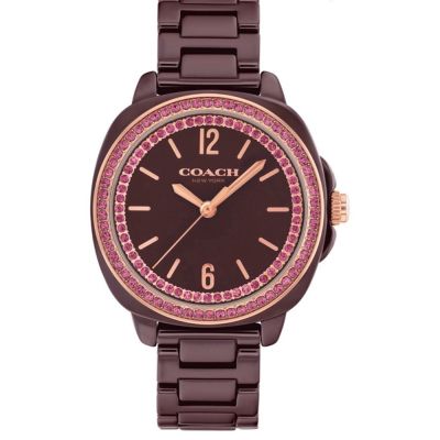 COACH 官方授權 Kitt 時尚雙圈晶鑽陶瓷女錶 巧克力(CO14504563)34mm