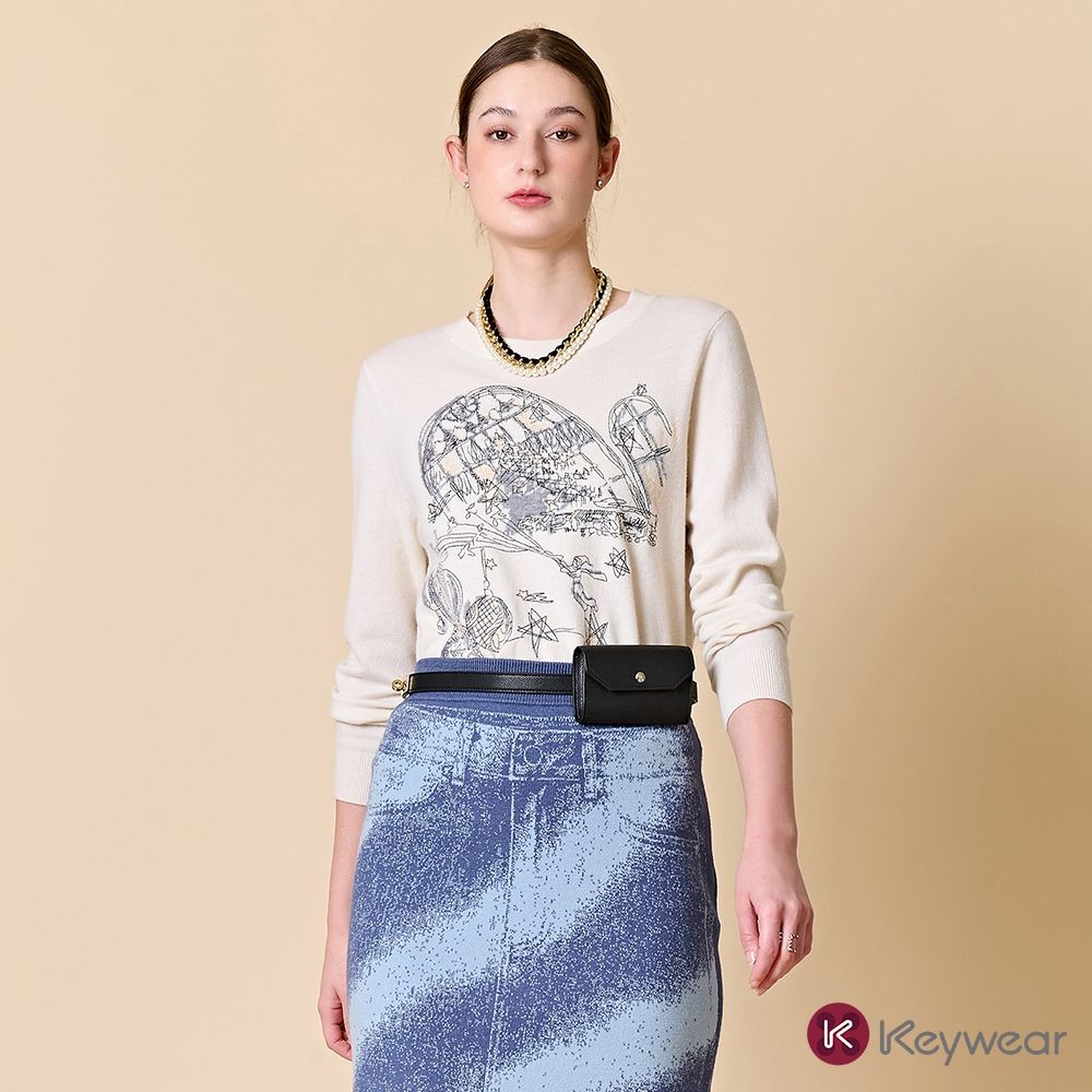 KeyWear奇威名品 造夢者車線羊毛長袖上衣-象牙白色