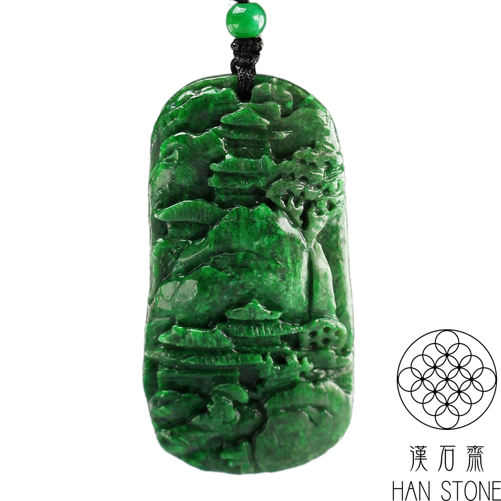 漢石齋】天然A貨辣綠乾青種翡翠山水玉佩吊墜(28*55*10mm) | 漢石齋