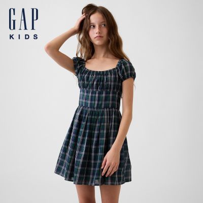 【GAP】兒童泡泡袖洋裝-綠藍格紋(912167)