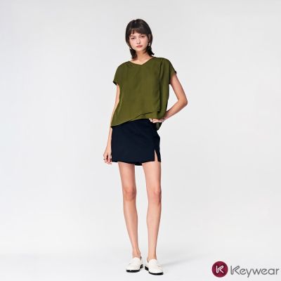 KeyWear奇威名品    麻料簡約開衩褲裙(共2色)-藍黑色