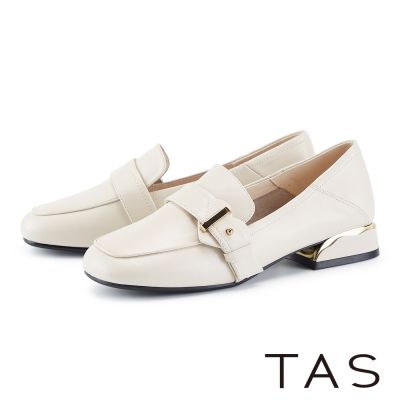 TAS 率性皮帶釦方頭低跟樂福鞋 米色