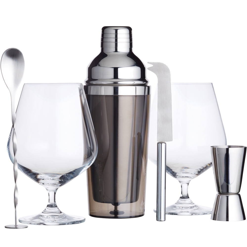 KitchenCraft》酒杯+調酒工具6件- 雪克杯搖酒器隔冰匙吧平匙調酒