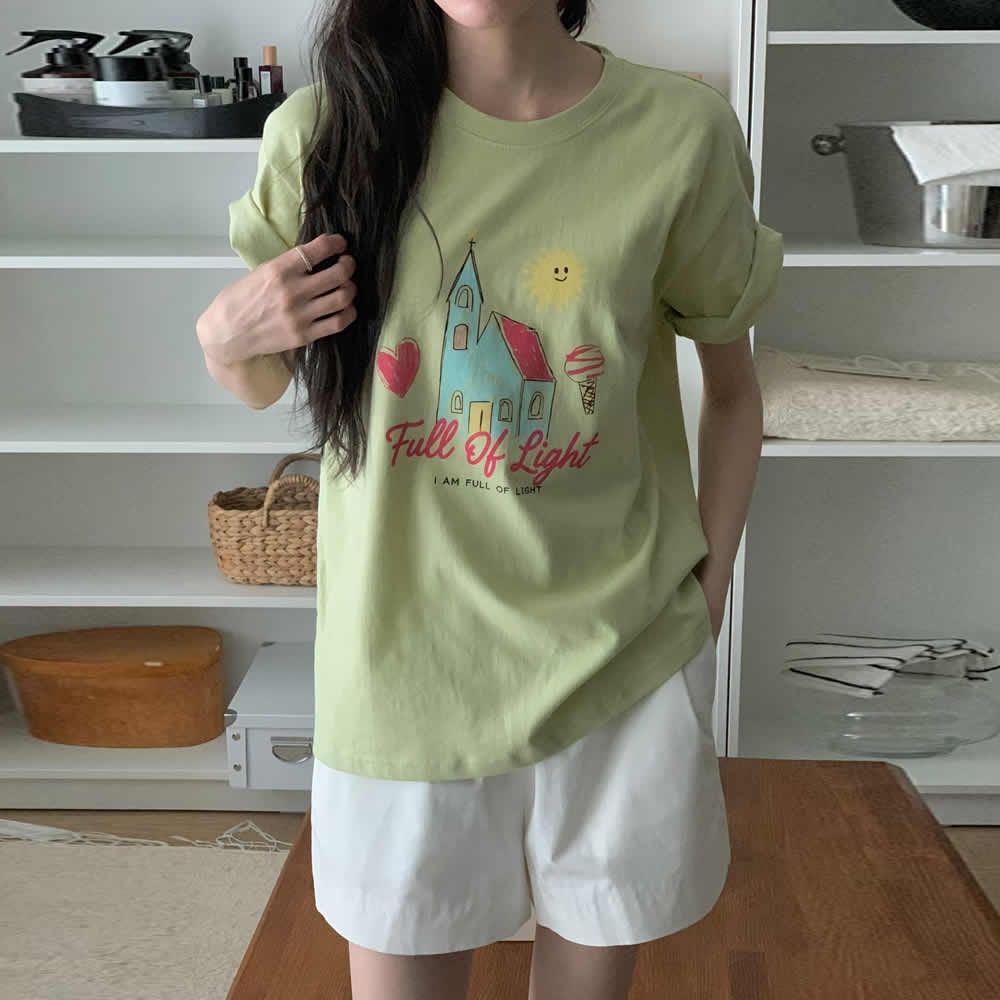 正韓女上衣 房子短袖T恤FIE1213-創翊韓都