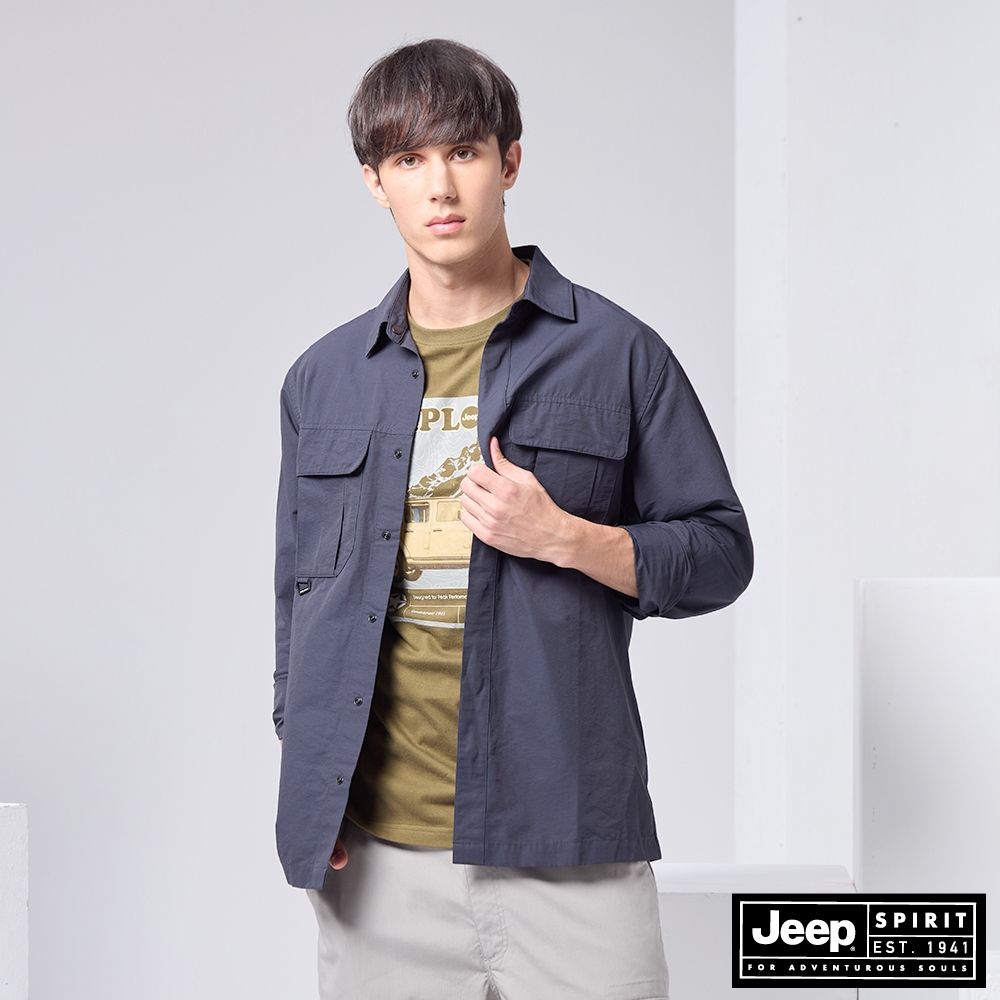 JEEP  男裝 簡約百搭雙口袋襯衫-藍色