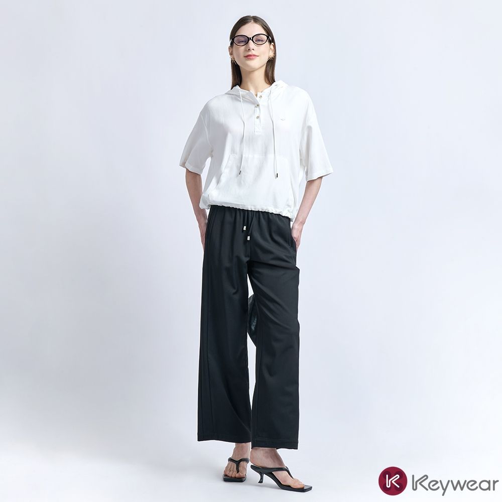 KeyWear奇威名品    莫代爾舒適抽繩寬版長褲(共2色)-黑色