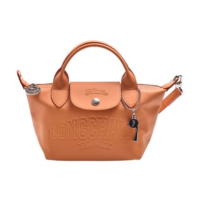 LONGCHAMP  經典LE PLIAGE XTRA系列小牛皮哨子綴飾手拿/斜背水餃包(橘色)