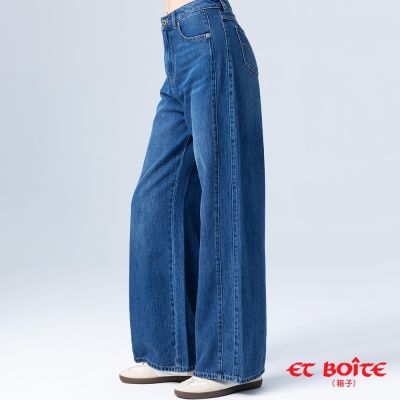 ETBOITE 箱子 BLUE WAY – 無彈高腰側壓印丹寧寬褲(中藍)