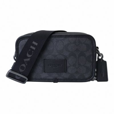 COACH 防刮LOGO 雙拉鍊斜背小方包(碳黑灰)小款