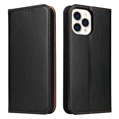 Fierre Shann 真皮紋 iPhone 15 Pro Max (6.7吋) 錢包支架款 磁吸側掀 手工PU皮套