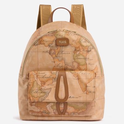 Alviero Martini 義大利地圖包 超輕量尼龍 前口袋拉鍊後背包30cm-地圖黃x咖啡色