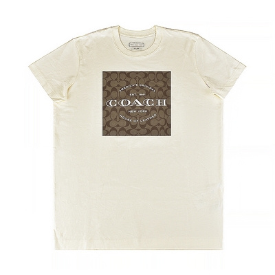 COACH白字LOGO方形C字印花設計純棉短袖T恤(女款/米黃)