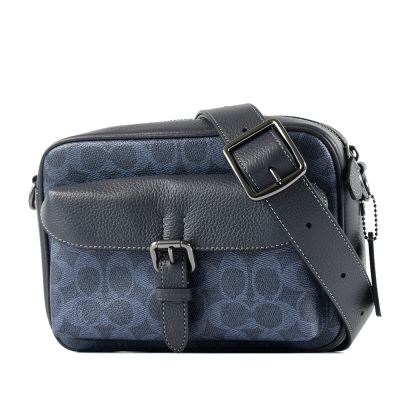 COACH 男款 Warner 緹花LOGO防刮拉鍊斜背包-單寧藍