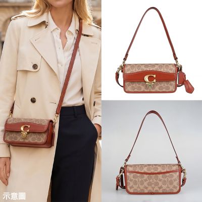 COACH 塗層帆布STUDIO BAGUETTE系列拼牛皮壓釦式斜背包(卡其x棕紅)