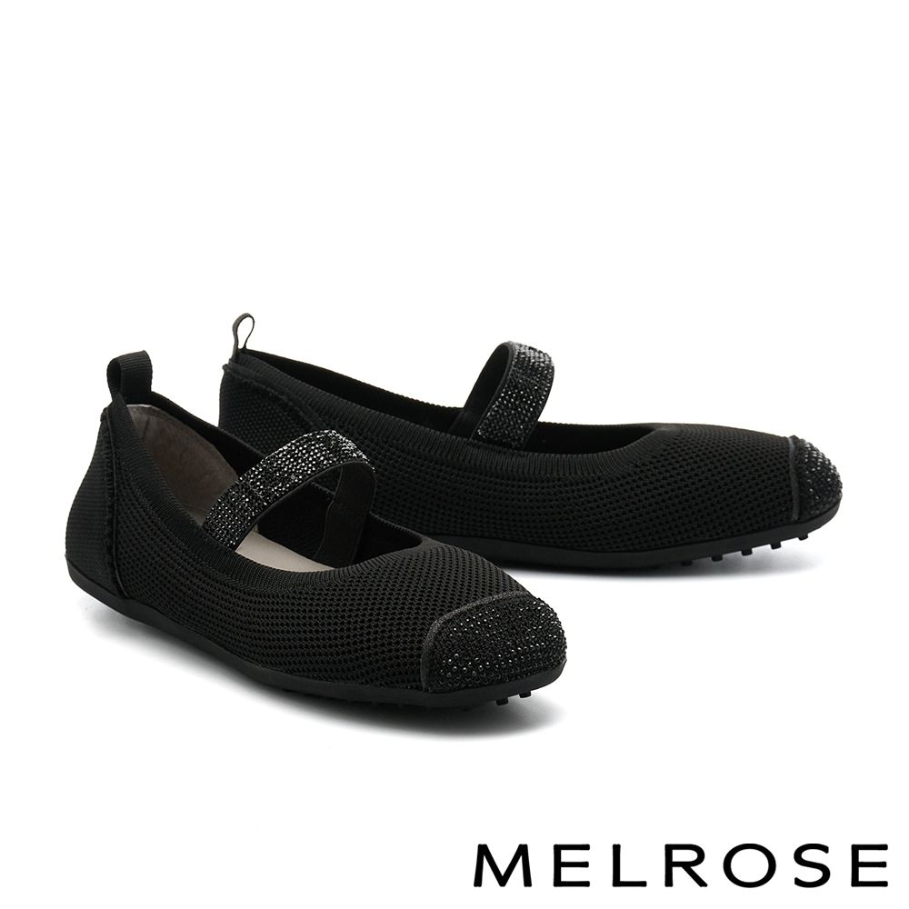 平底鞋 MELROSE 美樂斯 率性優雅燙鑽鬆緊帶拼接飛織布瑪莉珍平底鞋－黑