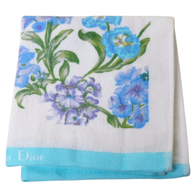 DIOR 迪奧 Christian Dior 清藍花影圖騰字母LOGO正方巾(白底/天藍色邊/35CM)
