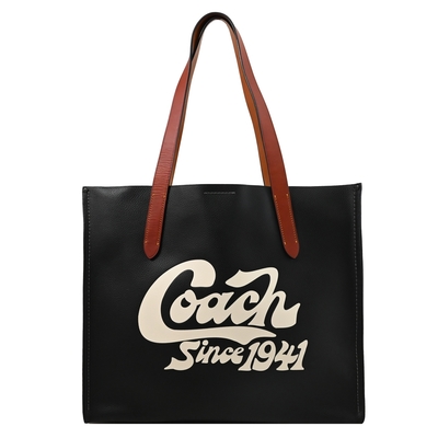 COACH RELAY 品牌壓紋LOGO荔枝皮革肩背包/托特包(黑)