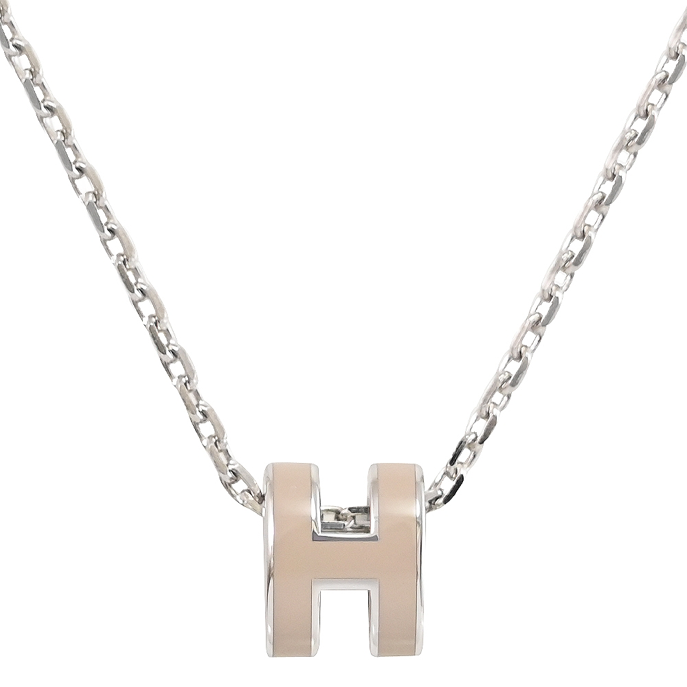 HERMES MINI POPH 經典鏤空橢圓H飾鎖骨項鍊(銀/冰棕)