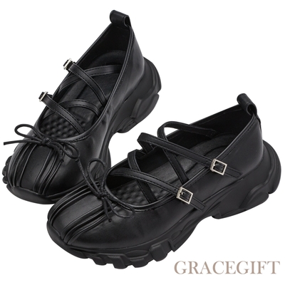 【Grace Gift】蝴蝶結細帶厚底瑪莉珍芭蕾舞運動鞋 黑