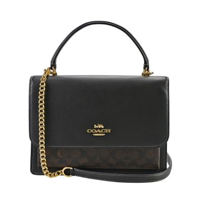 COACH 黑檀木C LOGO PVC拼接素面黑色皮革內雙層鍊帶方型斜背包