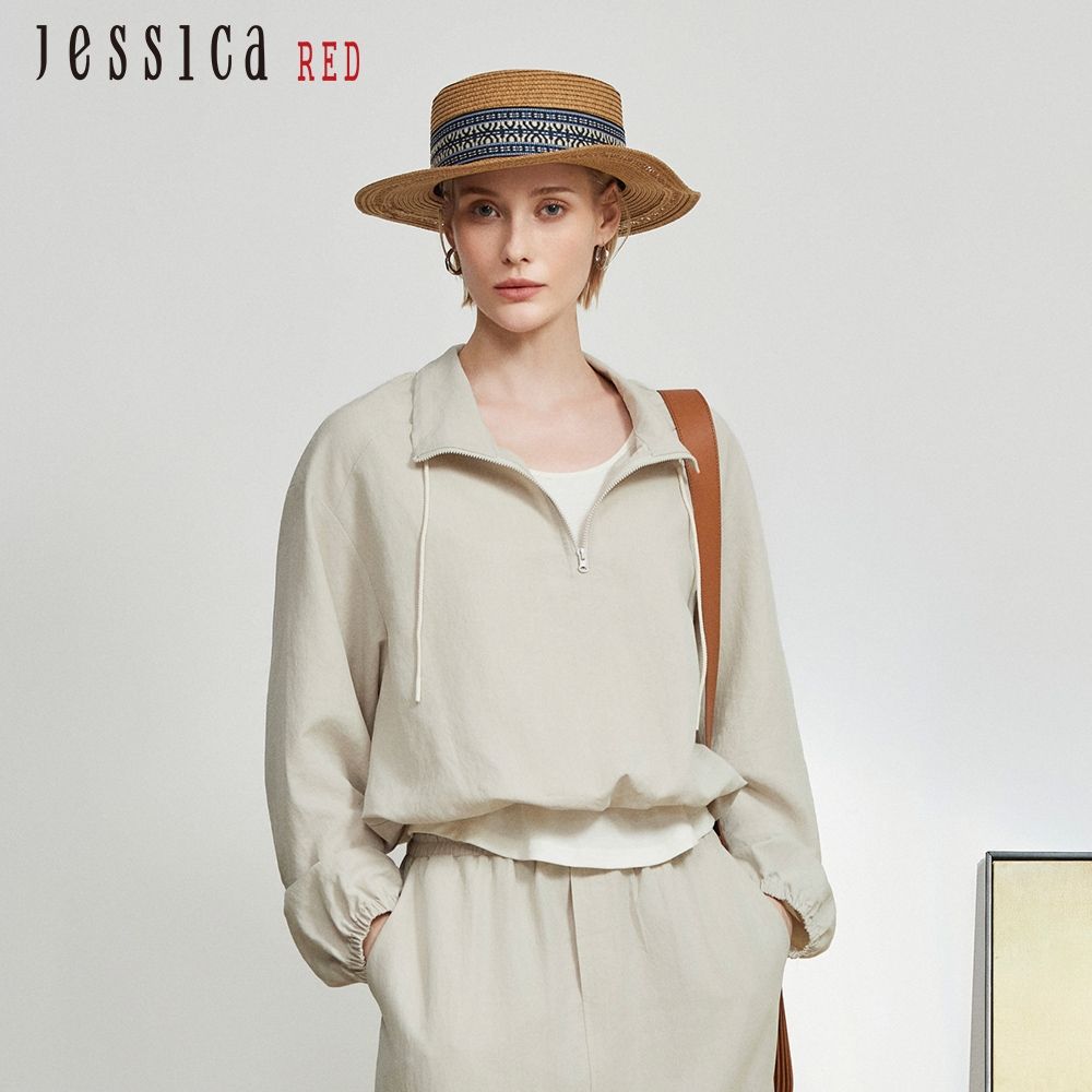 JESSICA RED - 百搭休閒半拉鍊長袖外套（米）R63001