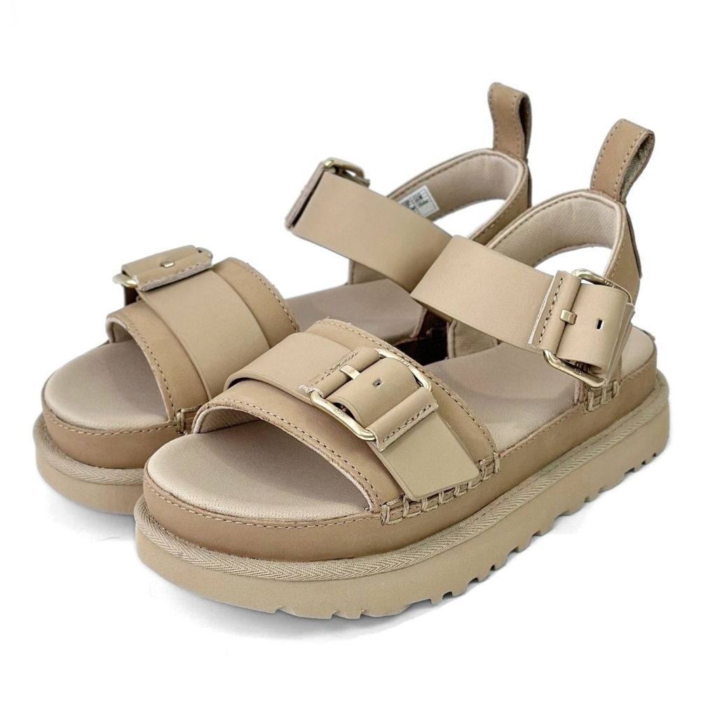 UGG Goldenstar Villa 真牛皮扣環輕量厚底涼鞋 女 沙褐色 休閒寬帶素面金星款拖鞋 夏季沙灘一腳蹬懶人鞋 1167392