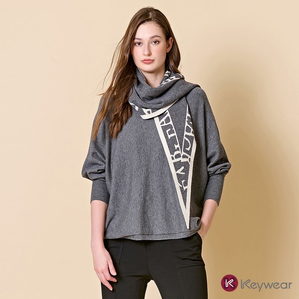 KeyWear奇威名品 披肩質感長袖針織上衣-灰色